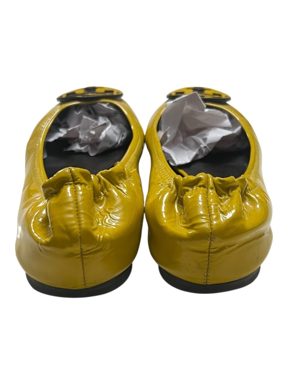 Tory Burch Minnie Travel Ballet Flats Yellow Patent Leather Logo Size 10 - Picture 2 of 6